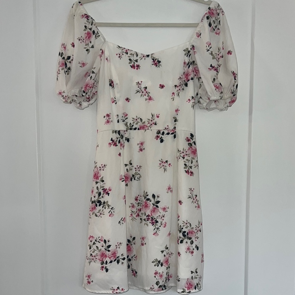 Francesca's Collections Cream Off-Shoulder Puff Sleeve Mini Dress